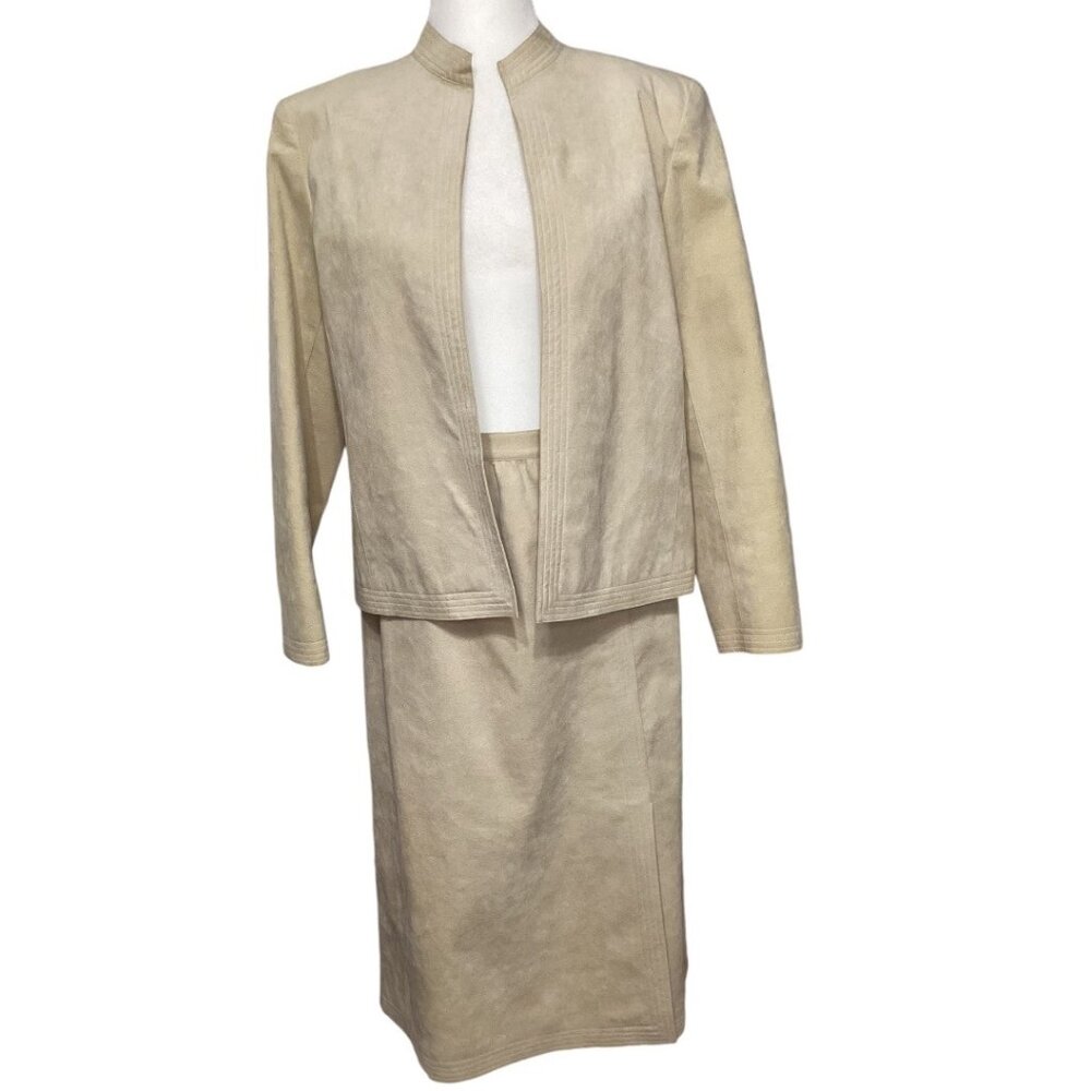 Vintage Ultrasuede Brand‎ Fabric Beige Skirt & Blazer Jacket Set Women's Size 14